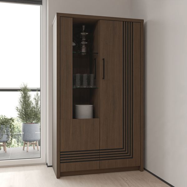 Forte EUFEMIUS Vitrine 90 95, moderner Vitrinenschrank mit dekorativer Fräsung, 2 Türen, Holzwerkstoff, Dunkelbraun|Schwarz Eiche Holzdekor, 91,5 cm breit x 159,9 cm hoch x 41,6 cm tief