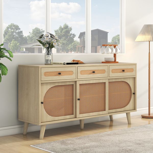 MODFU Sideboard Holzanrichte 140x78x40 cm, Spanplatte (Holzanrichte, Küchenschränke, 1 St, mit 3 Türen, 3 Schubladen, verstellbare Böden), Stabile Massivholzbeine, vielseitig einsetzbar