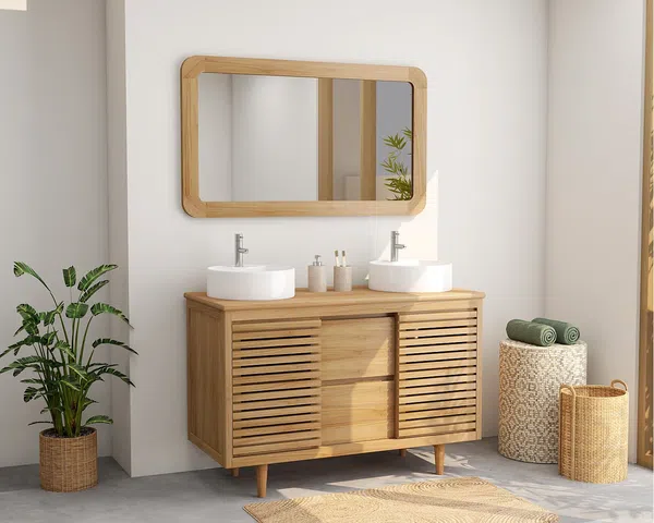 Vente-unique - TORAJA Waschbeckenmöbel Holz, Platte Beige - B 55 cm x H 80 cm x L 120 cm
