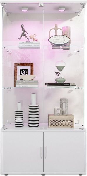 FUROKOY Glasvitrine Standvitrinen mit Kabinett, Vitrine (Vitrinenschrank mit 2 Glastür und Beleuchtung für Sammler, Bücher) 3 Lagen Sammlervitrine, 78.5 x 35 x 164 cm, Weiß
