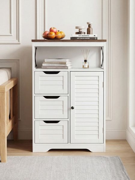 FiveWillowise Buffet Wohnzimmer Weiß mit Lamellen, Schublade & Regalböden Mit verstellbaren Einlegeböden, 56×30×87 cm, für Küche & Flur
