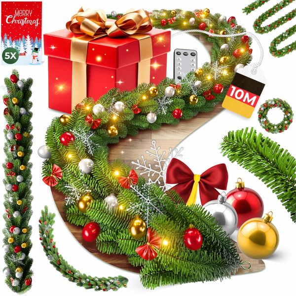 KESSER® Weihnachtsgirlande mit LED – 5 m oder 10 m, 100–200 LEDs, IP44, naturgrün, mit Schnee-Effekt je nach Modell, für Outdoor & Indoor, mit Fernbedienung & Weihnachtsdeko je nach Variante 10m / 200 LEDs inkl. FB / mit Deko