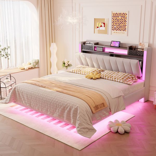 Polsterbett 140*200 mit LED-Beleuchtung und USB-Steckdose, Kopfteil mit Stauraum, Schwebebett Jugendbett Erwachsenenbett, Leinenstoff, Beige