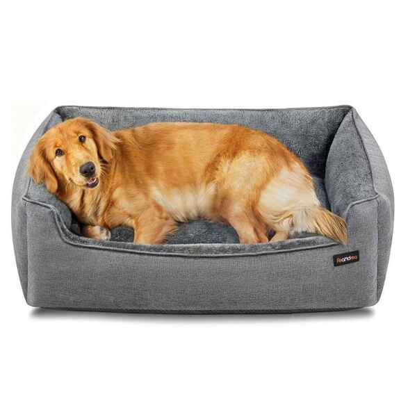 FEANDREA Katzenbett, Hundebett, Hundekissen mit erhöhten Rändern, rutschfeste Unterseite, 100 x 75 x 25 cm, grau