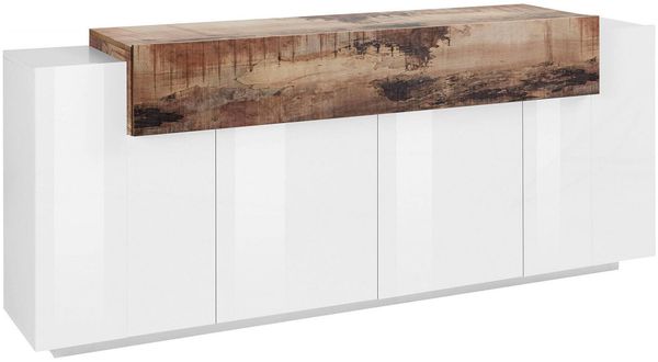 Dmora Kommode Discordia, Küchen-Sideboard mit 4 Türen, Wohnzimmer-Buffet, 100 % Made in Italy, 200 x 45 x 86 cm, glänzendes Weiß und Ahorn,