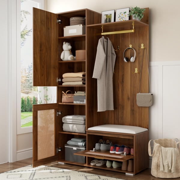 Garderobenschrank Set mit Spiegel, LED 16 Farben, Rattan-Optik Türen, Walnuss Design, Flurmöbel mit Sitzbank und Stauraum