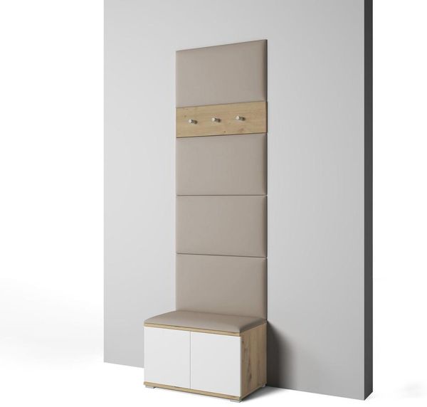 Garderoben-Set Aura version 6 mit Schuhregal und Polsterplatten, Ideal für Flur und Eingangsbereich (Weiß / Eiche Artisan, Trinity 03), 225 x 40 x 70 cm