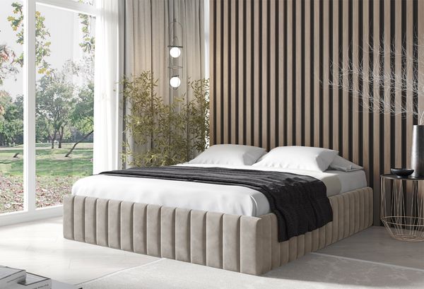 MEBLINI Polsterbett 160x200 mit Lattenrost und Matratze – BOURNE – Beige Samt – Doppelbett mit Bettkasten - Stauraumbett - Bett mit Stauraum