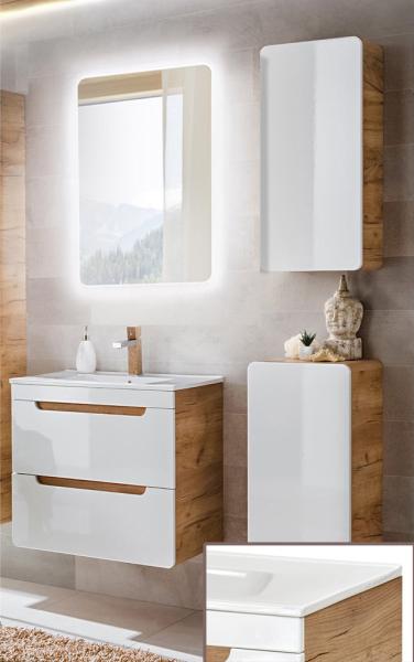 Badezimmermöbel Set weiß Hochglanz mit Wotan Eiche Nb. inkl. 61 cm Keramikwaschtisch LUTON-56, B/H/T ca. 111/200/46 cm