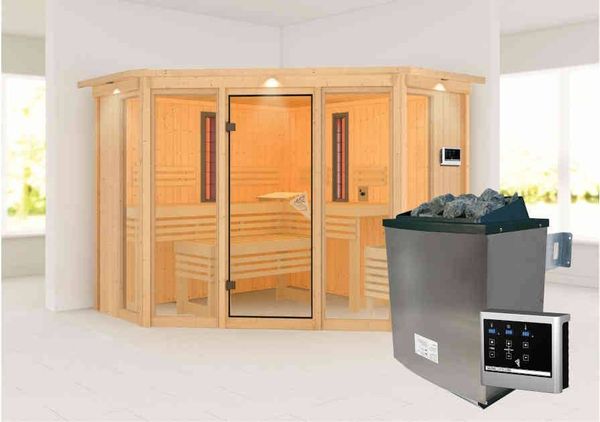 Karibu Sauna Asta mit Dachkranz + 9kW Saunaofen mit ext. Steuerung Easy