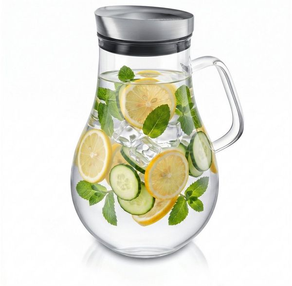 Arendo Karaffe Glaskaraffe 2,0 L, Edelstahldeckel, Henkel, Grobfilter, Wasserkaraffe, (2000 ml mit Edelstahl-Deckel, Grobfilter und ergonomischem Henkel), Borosilikatglas, 2000 ml, Sieb, hitze- und kältebeständig, BPA-frei