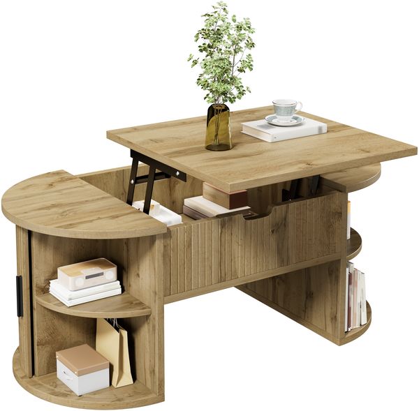 Moderner, höhenverstellbarer Couchtisch , Höhenverstellbarer Couchtisch fürs Wohnzimmer , Offene Regale und versteckter Stauraum , Schiebetüren , Ideal für kleine Wohnungen und Homeoffices