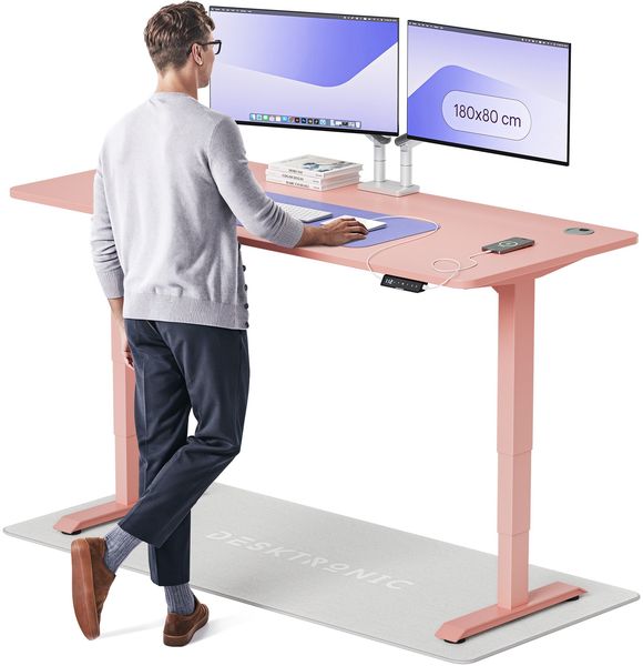 Desktronic HomePro Elektrisch höhenverstellbarer Schreibtisch 180x80cm Rosa/Rosa mit Memory-Funktion, Anti-Kollisions Technologie, USB-A und USB-C-Ladeanschlüssen