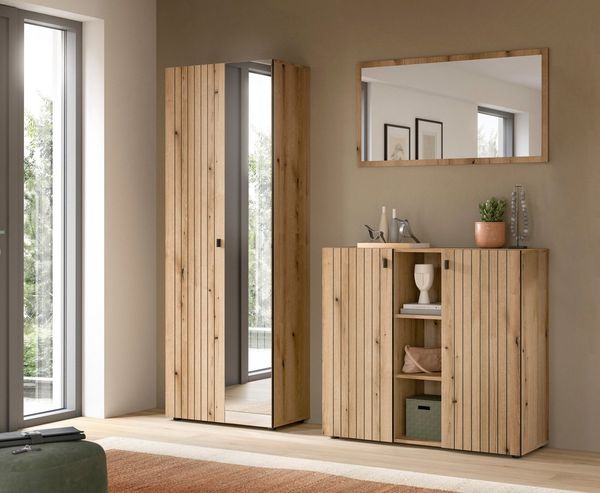 Home affaire Garderoben-Set TATIO, 3-tlg. Garderobenkombination, Breite: 191 cm, Rillenfräsung, (Set, 3-St, Set, best. aus: 1 Spiegel, 1 Garderobenschrank, 1 Schuhkommode), Garderobenkombination, Kombi, Flur-Möbel, Schrank, Spiegel, Kommode
