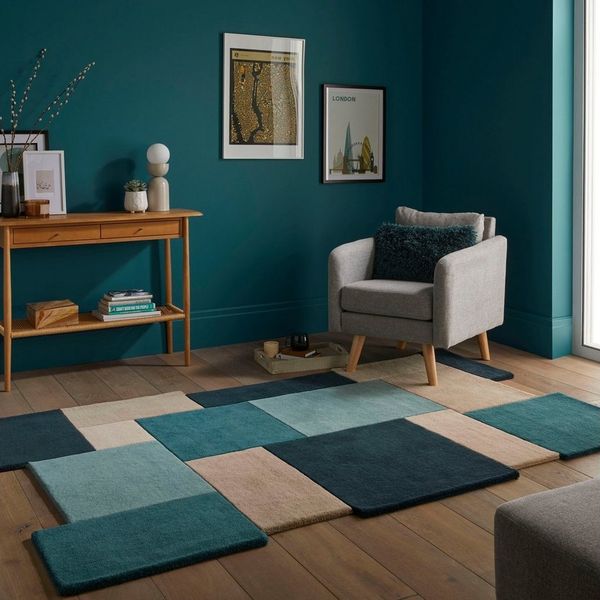 FLAIR RUGS Wollteppich Abstract Collage, 100% Wolle, rechteckig, Höhe: 11 mm, Karo Design, Patchwork, modern, mehrfarbig, Wohnzimmer, Schlafzimmer