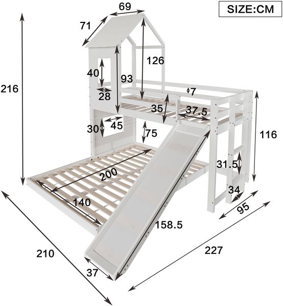 Etagenbett aus Holz mit Rutsche & Hausbett-Design, 90x200/140x200 cm, Weiß, ohne Matratze Bild 9