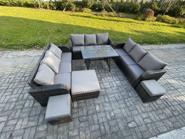 Fimous 12-Sitzer Polyrattan Gartenmöbel Set mit Rechteckiger Esstisch 3 Hockern Polyrattan Garten Sofa im Freien Set
