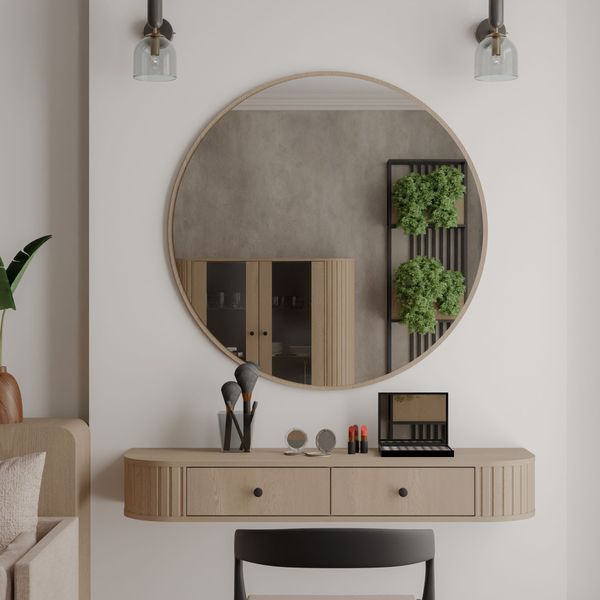 Ovalio Schminktisch 123 cm, hängend Typ 202 Wandkonsole Konsole Schlafzimmer Wohnzimmer Esszimmer Modern Farbwahl Sandbeige, Cremona-Eiche und Dunin-Eiche