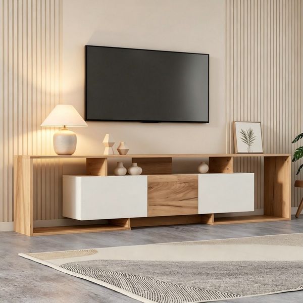 Merax Lowboard in Weiß & Naturholz, Push-to-Open, Fernsehschrank für TVs bis 85 Zoll (180 x 30 x 49 cm (L x B x H), 1 St), Fernsehschrank TV-Schrank mit 2 Klapptüren,1 Drehtür,3 offenen Fächern