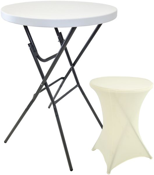 Stehtisch mit Husse Partytisch klappbar ca. Ø 80 cm Höhe 110 cm Bistrotisch in Weiß mit Husse in Beige