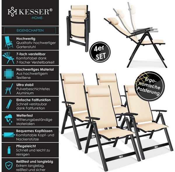KESSER® Gartenstuhl Hochlehner mit Armlehnen | Aluminium Klappstuhl inkl. Kopfkissen Campingstuhl 7-Fach Verstellbar Rückenlehne | Atmungsaktiv & Wetterfest | Klappbar & Anti-Rutsch Beige, 4 Stück Bild 2