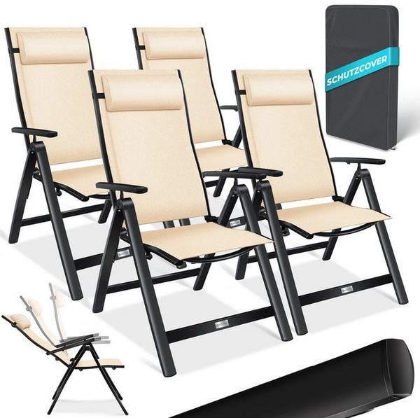 KESSER® Gartenstuhl Hochlehner mit Armlehnen | Aluminium Klappstuhl inkl. Kopfkissen Campingstuhl 7-Fach Verstellbar Rückenlehne | Atmungsaktiv & Wetterfest | Klappbar & Anti-Rutsch Beige, 4 Stück