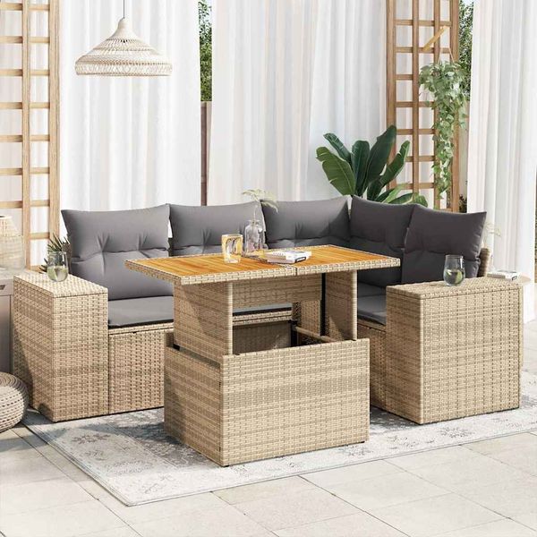 vidaXL 5-tlg. Garten-Sofagarnitur mit Kissen Beige Poly Rattan 3327370