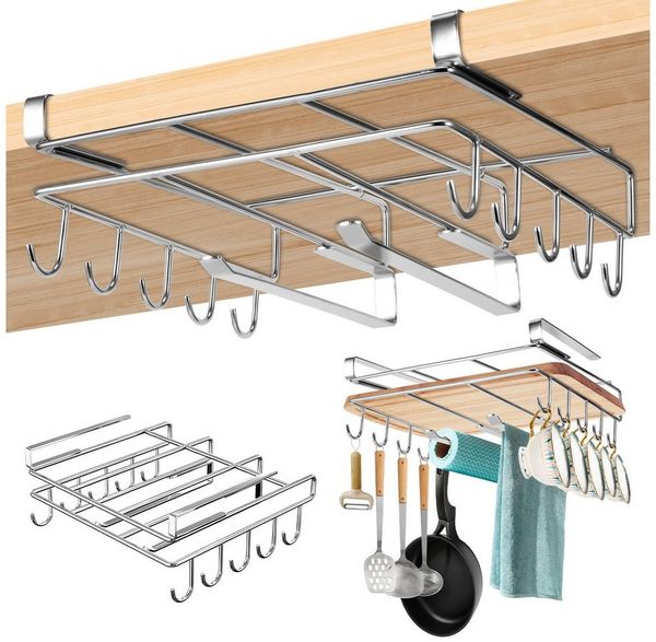 BlingBin Hängekorb Einhängekorb Mit Haken, Schrankkorb Küchenregal Ohne Bohren (1er Set, 1 St, Produktabmessungen: 26 × 25 × 11 cm), Schneidebrett-Organizer,Edelstahl-Aufbewahrungsregal für Küche