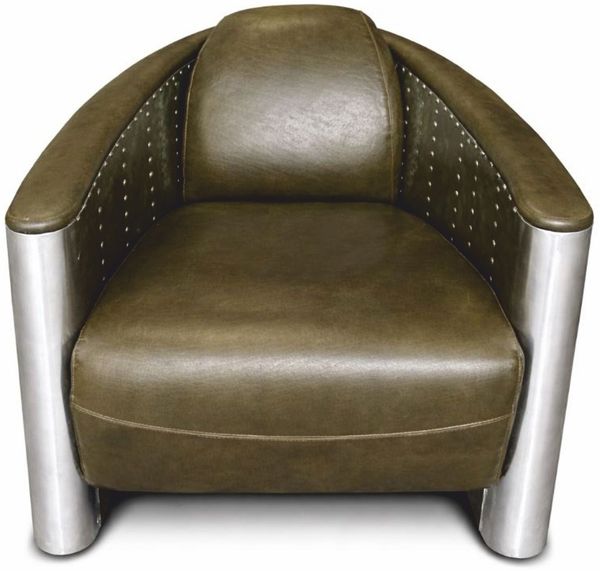 Casa Padrino Luxus Art Deco Leder Sessel Vintage Grün / Silber - Aluminium Möbel