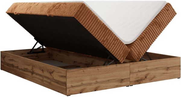 Polsterbett mit Bettkasten, Boxspringbett ohne Kopfteil WOOD ZERO, 7-Zonen Multipocket-Matratze und Topper, modernes Bett für Schlafzimmer - Orange Cordstoff - 180 x 200 cm - H3 Bild 5