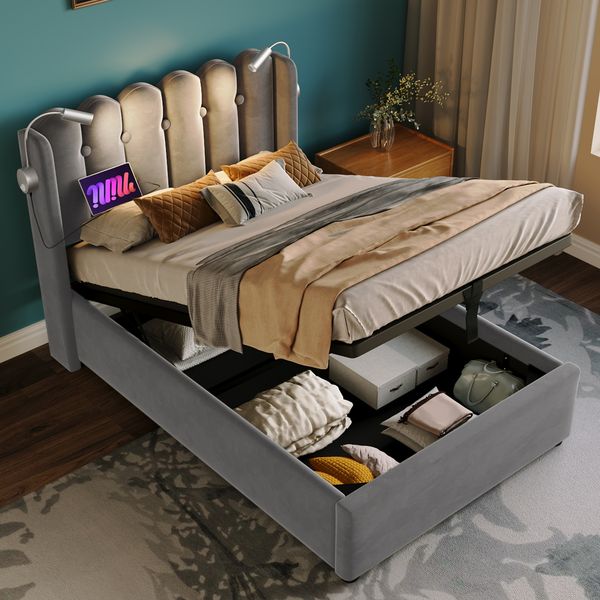 Polsterbett 90×200 cm mit Bettkasten, LED-Leselicht & USB-Anschluss, Samt Grau