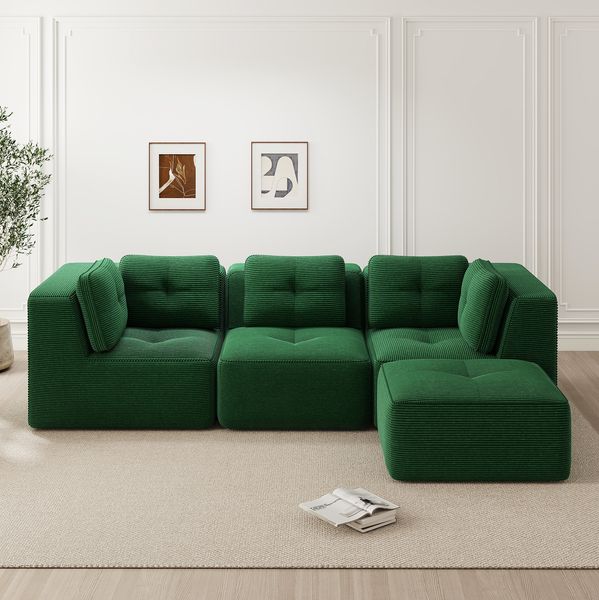 Modulares Ecksofa 69cm×297cm×177cm in Grün – Cordbezug, breite Armlehnen und rutschfester Standfuß