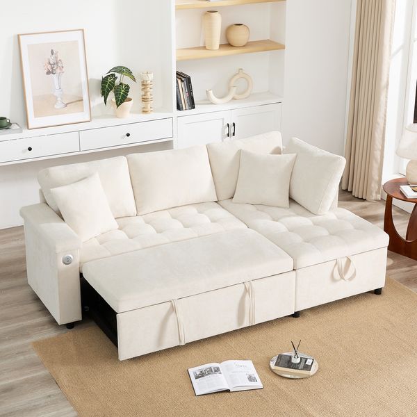 Modernes L-Sofa mit ausziehbarem Schlafsofa mit Schlaffunktion, ausgestattet mit Stauraum, USB-Ladegerät, Armlehnen-Stauraum und 2 Kissen, Beige