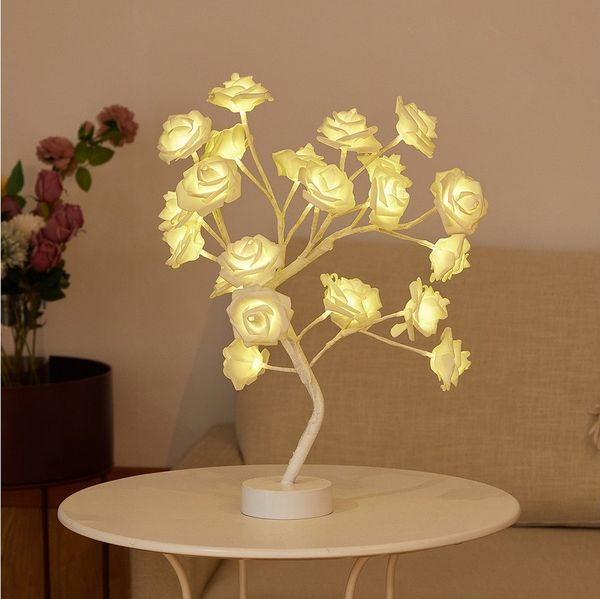 MUPOO LED Baum Rosenblütenbaum Licht für Tischplatte, LED-Tisch-Bonsai-Baum Lichtdekor, Weiße Rose, weiße Basis, LED fest integriert, für Valentinstag,Zuhause,Hochzeit