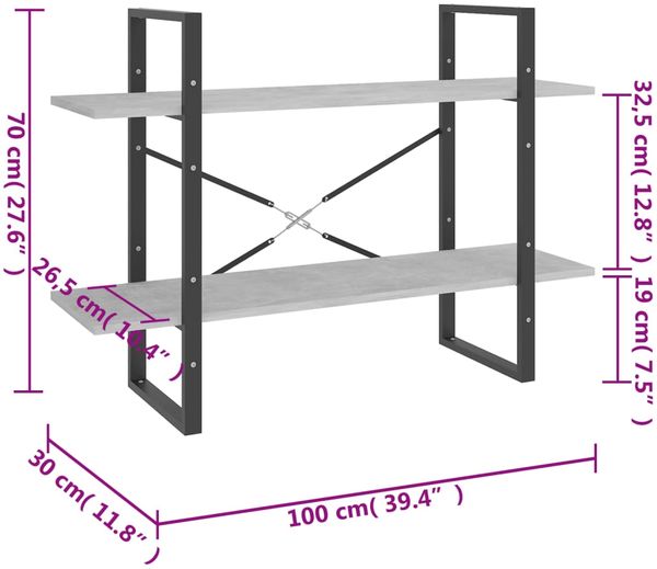 vidaXL Bücherregal 2 Fächer Betongrau 100x30x70 cm Holzwerkstoff 806471 Bild 7