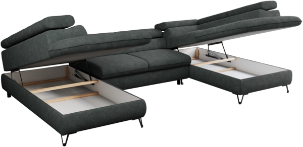 Mks Möbel 'Pedro U-Form' Ecksofa mit Schlaffunktion und verstellbaren Kopfstützen, Dunkelgrau, Stoff, mit Topper Bild 7