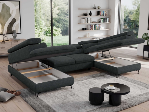 Mks Möbel 'Pedro U-Form' Ecksofa mit Schlaffunktion und verstellbaren Kopfstützen, Dunkelgrau, Stoff, mit Topper Bild 3