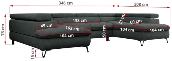 Mks Möbel 'Pedro U-Form' Ecksofa mit Schlaffunktion und verstellbaren Kopfstützen, Dunkelgrau, Stoff, mit Topper Bild 8