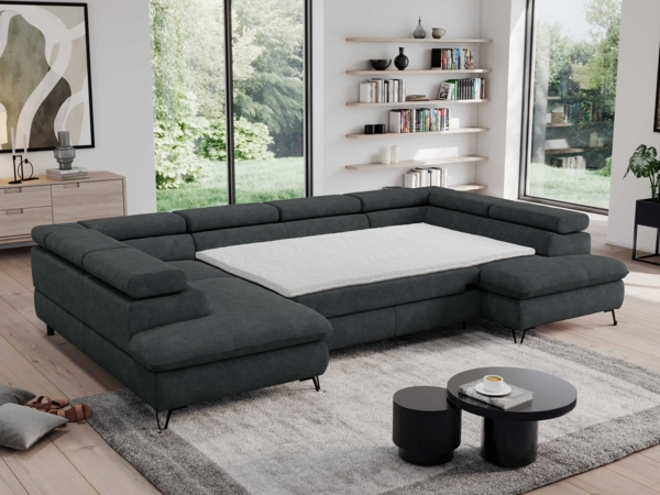 Mks Möbel 'Pedro U-Form' Ecksofa mit Schlaffunktion und verstellbaren Kopfstützen, Dunkelgrau, Stoff, mit Topper Bild 5