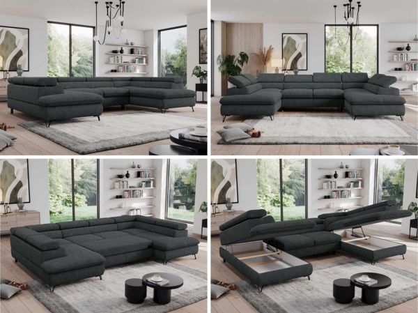 Mks Möbel 'Pedro U-Form' Ecksofa mit Schlaffunktion und verstellbaren Kopfstützen, Dunkelgrau, Stoff, mit Topper Bild 2