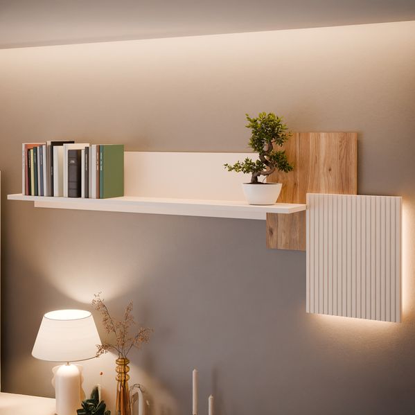 Forte OAK SQUERE Wandregal mit Ablage 190, elegantes Wandregal mit Beleuchtung, Holzwerkstoff, Mauvella Eiche Holzdekor/Sand, 187,4 cm breit x 77,6 cm hoch x 21,9 cm tief