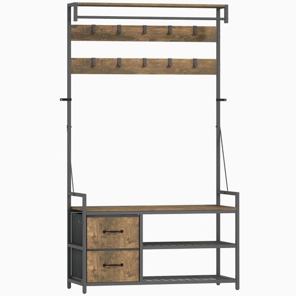 6-in-1 Garderobenständer mit Sitzbank und Schuhregal, Industrie-Stil, 10 Haken, 2 Stoffschubladen, Metall, Braun