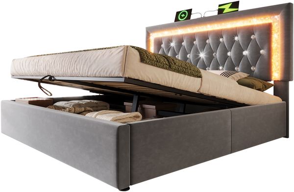 Polsterbett, Samt mit LED-Kopfteil, USB-Anschluss & Stauraum, 140x200 cm, Grau, mit Matratze Bild 8