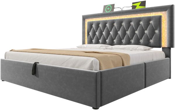 Polsterbett, Samt mit LED-Kopfteil, USB-Anschluss & Stauraum, 140x200 cm, Grau, mit Matratze Bild 10