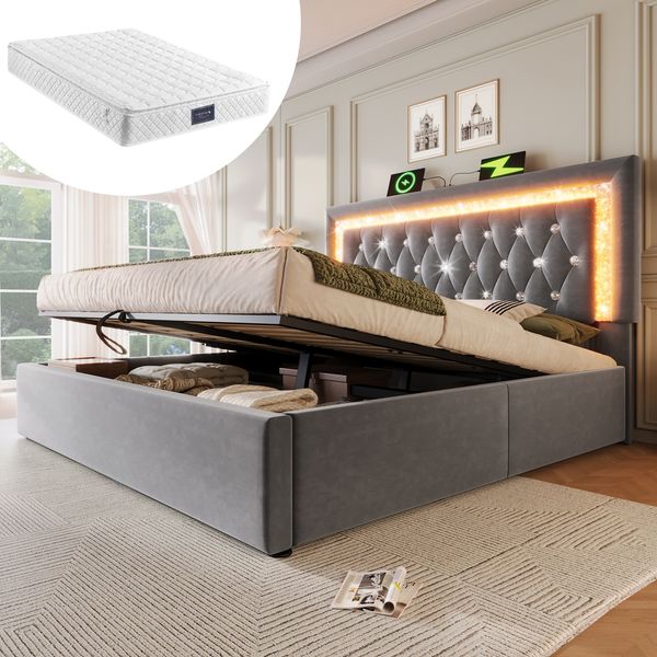 Polsterbett, Samt mit LED-Kopfteil, USB-Anschluss & Stauraum, 140x200 cm, Grau, mit Matratze