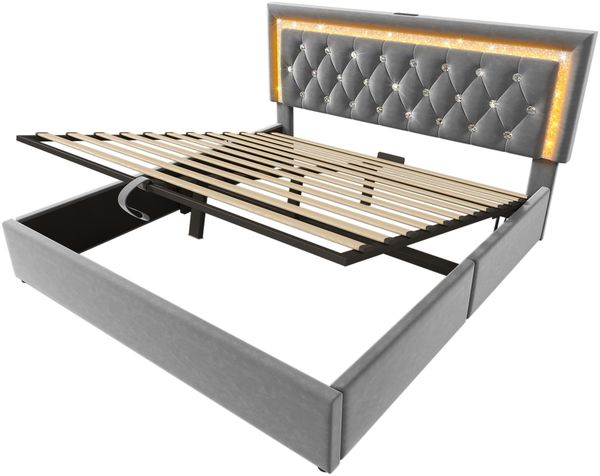 Polsterbett, Samt mit LED-Kopfteil, USB-Anschluss & Stauraum, 140x200 cm, Grau, mit Matratze Bild 9