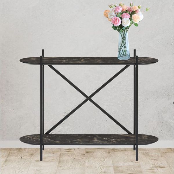 Moderne Design Konsole MARMOL-Plus 100cm schwarz Marmor-Dekor Metallgestell