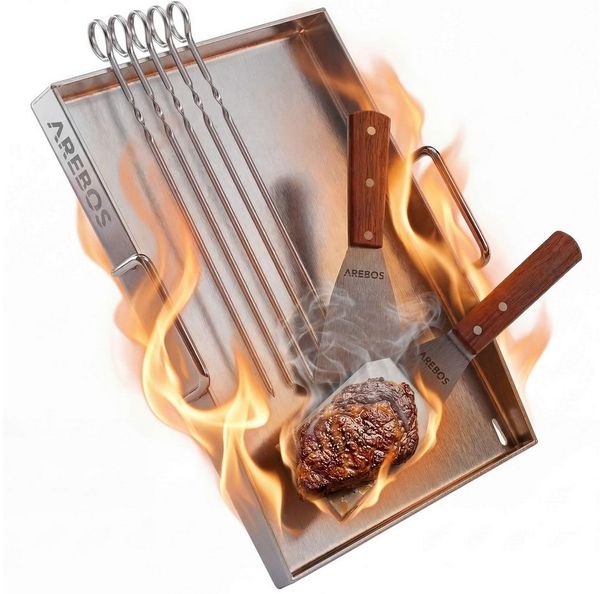 Arebos Grillplatte Edelstahle Grillplatte 40x30 cm Plancha für Gas & BBQ (Set), Fettablauf, versiegelte Kanten, inkl. Zubehör, vielseitig einsetzbar