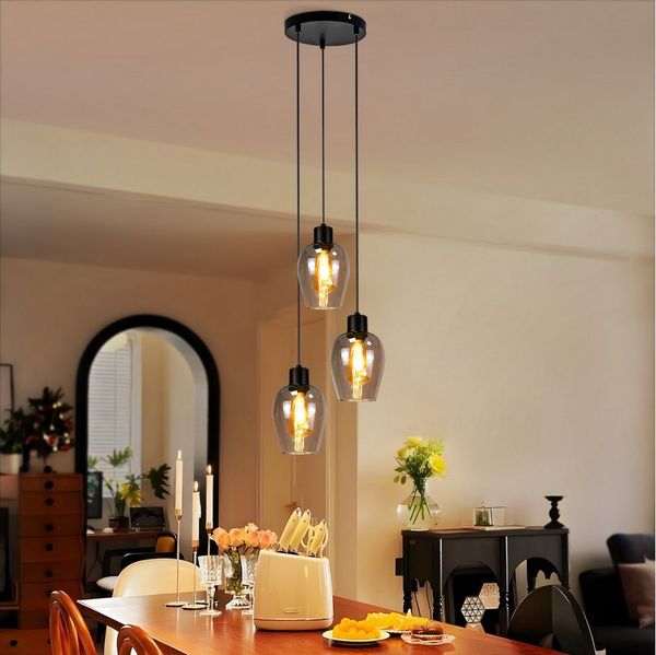 Nettlife Pendelleuchte Vintage Schwarz mit 1/3/4 flammig Rauchglas-Schirmen Hängelampe E27, Höhenverstellbar, LED wechselbar, Esstischlampe für Wohnzimmer Küche