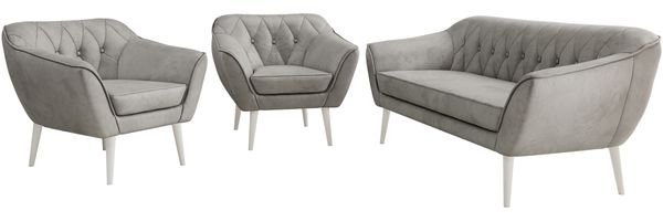 Wohnzimmerset PIRS 1-1-3, Skandinavisches 3-Sitzer Sofa mit Sesseln, Sofa mit Wellenfederung, weiße Füße, Skandinavisches Möbelset - Hellgrau Velvet Bild 7